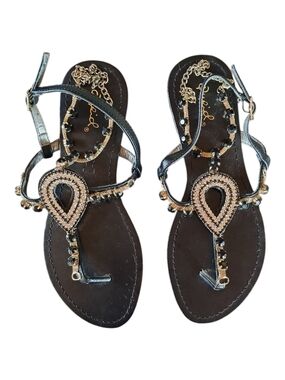 Qupid Black T-Strap Embellished Women's Sandals